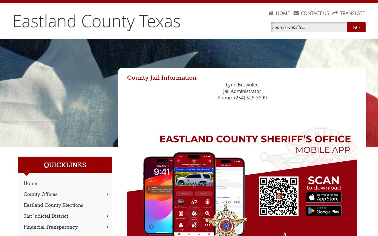 Eastland County Jail information page for inmate population and jail rules